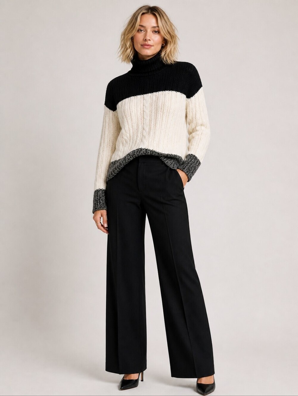 AQUA Cashmere Black Cream Colorblock Cable Knit Turtleneck Sweater Medium - Picture 10 of 10